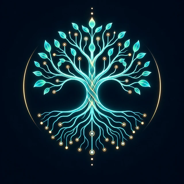 Seidr Labs: a luminous teal tree with golden circuitry in its roots