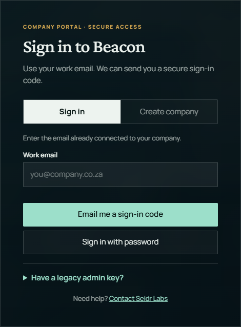 The Beacon company portal: sign in with a work email to receive a secure sign-in code, or sign in with a password.