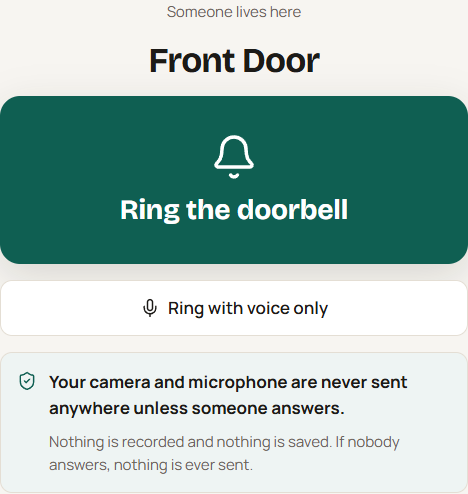 The visitor’s page for a front door: a large Ring the doorbell button, a voice-only option, and a note that camera and microphone are never sent anywhere unless someone answers.