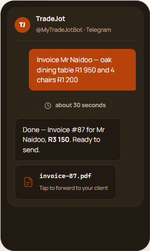 A TradeJot chat on Telegram: one message asks for an invoice, and about 30 seconds later the bot replies with the finished invoice as a PDF.