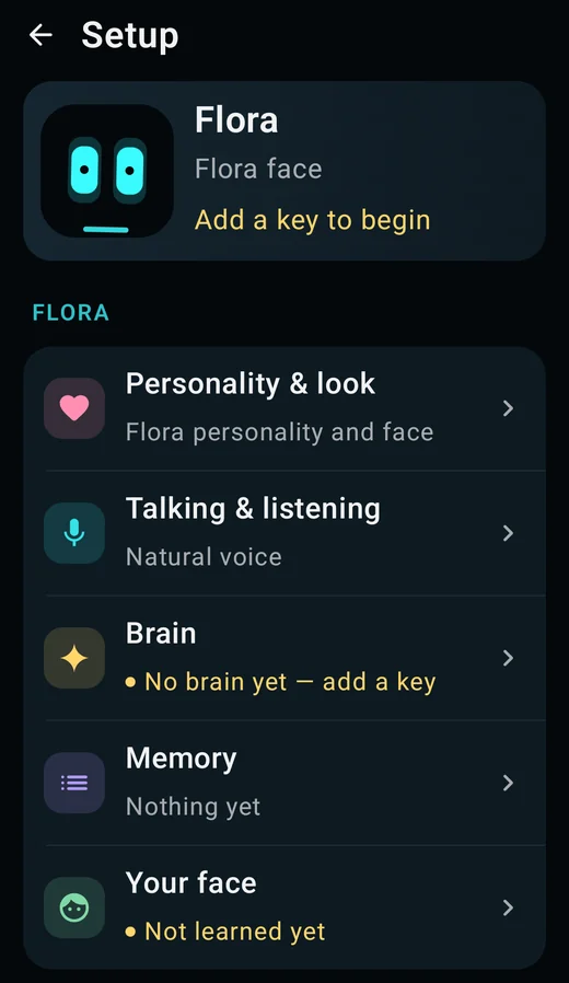 Flora’s Setup in the app: her card says “Add a key to begin”, Brain says “No brain yet — add a key”, and Memory and Your face are still empty.
