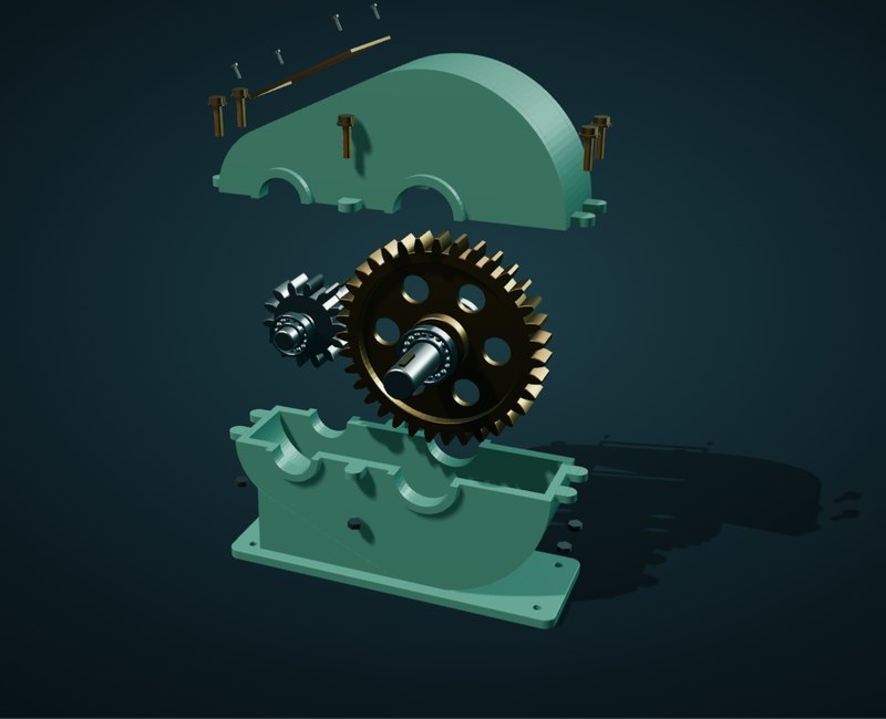 A gearbox drawn in 3D, pulled apart: the housing halves, gears, shafts, bearings and bolts float apart along their own axes